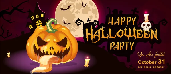 Feliz fiesta de halloween plana plantilla de vector de banner. Octubre evento de vacaciones diseño de invitación. Fondo de dibujos animados aterrador y espeluznante con calabaza, luna y letras. Cartel horizontal Helloween — Vector de stock