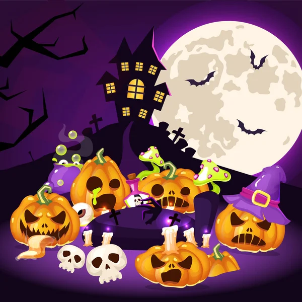 Halloween cartoon vector illustratie. Griezelige pompoenen, spookhuis met kerkhof, maanachtergrond. Halloween griezelig decor. Enge gesneden squashes decoratieve compositie. Helloween social media post — Stockvector