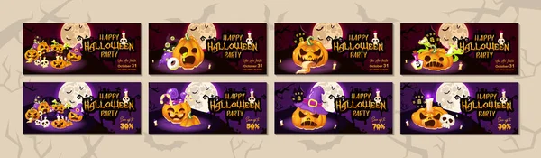 Feliz fiesta de halloween plana banner vector plantillas conjunto. Octubre evento de vacaciones diseño de invitación. Fondo de dibujos animados aterrador, espeluznante con calabaza, luna y letras. Paquete de carteles de Helloween — Archivo Imágenes Vectoriales