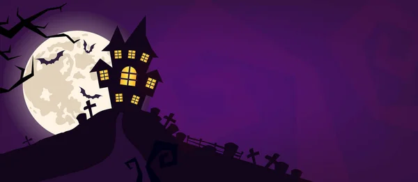Halloween ijesztő vektor háttér. Kísérteties temető és kísértetház éjjel rajzfilm illusztráció. Horror hold, denevérek és sírok sziluettek hátborzongató háttér. Helloween gótikus panoráma temetővel — Stock Vector