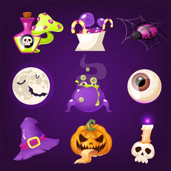 Halloween decoratie cartoon vector set. Realistische spookachtige en enge items geïsoleerd op paars. Magisch drankje, snoepgoed, spin, pompoenstickers. Heksenhoed, oog, schedel en maan. Horror decor platte cliparts — Stockvector