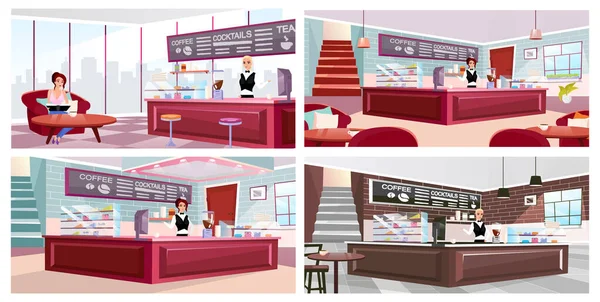 Caffè interno piatto illustrazioni vettoriali set. Visitatore caffè e barista al lavoro personaggi dei cartoni animati. Mobili in legno alla moda, pareti in mattoni vintage con finestre panoramiche. Attrezzatura bar professionale — Vettoriale Stock