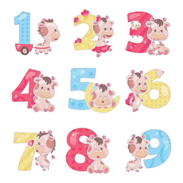 Números bonitos com girafa de bebê ilustrações de desenhos animados conjunto. Escola matemática engraçado fonte símbolos e kawaii animais personagens. Crianças scrapbook adesivos. Crianças aniversário e aniversário números coleção — Vetor de Stock