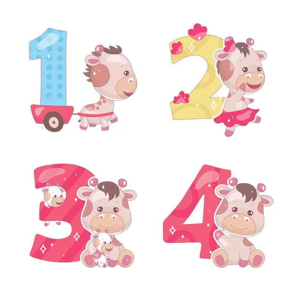 Cute numeri con baby giraffa cartone animato illustrazioni set. Scuola di matematica caratteri divertenti simboli e kawaii animali personaggi. Adesivi album per bambini. Bambini compleanno e anniversario collezione numeri — Vettoriale Stock