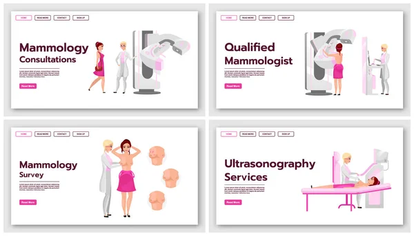 Mammografi landningssida vektor mallar som. Screening tester för bröstcancer webbplats gränssnitt idé med platta illustrationer. Medicinsk ultraljud hemsida layout. Webbbanner, webbsidekoncept — Stock vektor