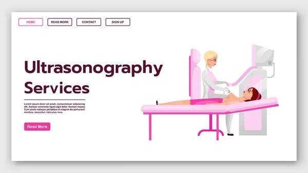 Ultraljudstjänster landningssida vektor mall. Bröst ultraljud diagnostik förfarande webbplats gränssnitt idé med platta illustrationer. Hemsida layout, web banner, hemsida tecknad koncept — Stock vektor