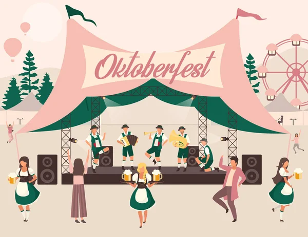 Oktoberfest ilustración vector plano. Festival de la Cerveza, concierto del festival de octubre. Actuación popular en tienda. Música y bailes. La gente con disfraces nacionales lleva cerveza. Personajes de dibujos animados Volksfest — Archivo Imágenes Vectoriales