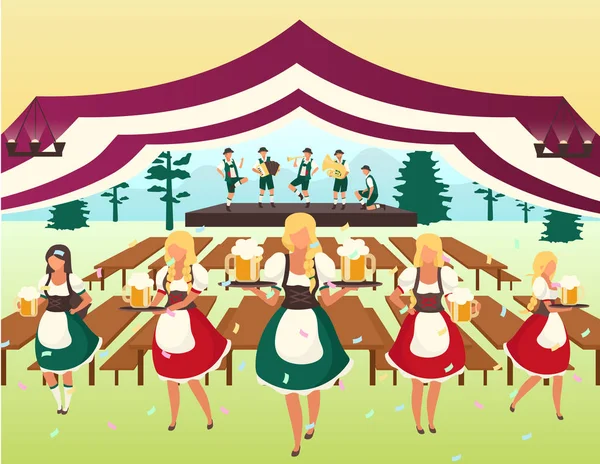 Oktoberfest illustrazione vettoriale piatta. Tenda della birra. Spettacolo musicale folk, festival di ottobre. Camerieri in costume nazionale che servono bevande. Festival della Birra. Volksfest personaggi dei cartoni animati — Vettoriale Stock