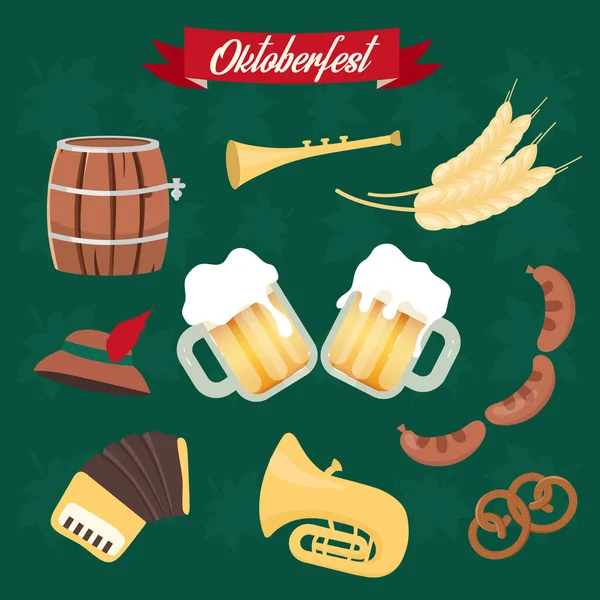 Oktoberfest płaski wektor ilustracje zestaw. Kubki alkoholu, jedzenie. Beczka i kiełbaski, naklejki z preclami. Instrumenty muzyczne. Festiwal piwa izolowane grafiki kreskówki — Wektor stockowy