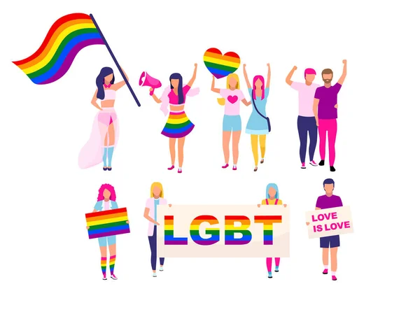 Conjunto de personajes planos miembros LGBT. Desfile del orgullo, participantes de la marcha con banderas de arco iris ilustraciones de dibujos animados aislados. Parejas homosexuales, miembros de la comunidad gay protestando, luchando por la igualdad de derechos — Vector de stock