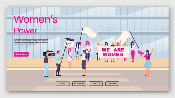 Kvinnor makt landning sida vektor mall. Feministisk protest webbplats gränssnitt idé med platta illustrationer. Feminism rörelse hemsida layout. Kvinnors egenmakt web banner, webbsida tecknad koncept — Stock vektor