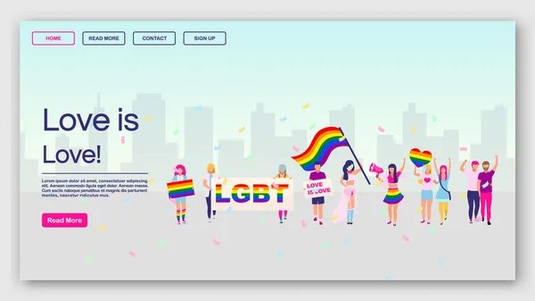 Lgbt Protest Landing Page Vektor Template. love is love website interface idea mit flachen Illustrationen. Das Layout der Homepage der Pride Parade. homosexuell community demonstration web banner, webseite cartoon konzept — Stockvektor