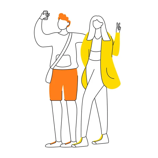 Jeune couple prenant selfie avec illustration vectorielle de contour plat smartphone. Homme avec téléphone, fille montre v signe isolé personnage dessin animé contour sur fond blanc. Adolescents style de vie dessin simple — Image vectorielle