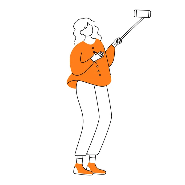 Tiener meisje neemt telefoon selfie platte contour vector illustratie. Jonge vrouw met smartphone en monopod geïsoleerde cartoon outline karakter op witte achtergrond. Video streamer eenvoudige tekening — Stockvector
