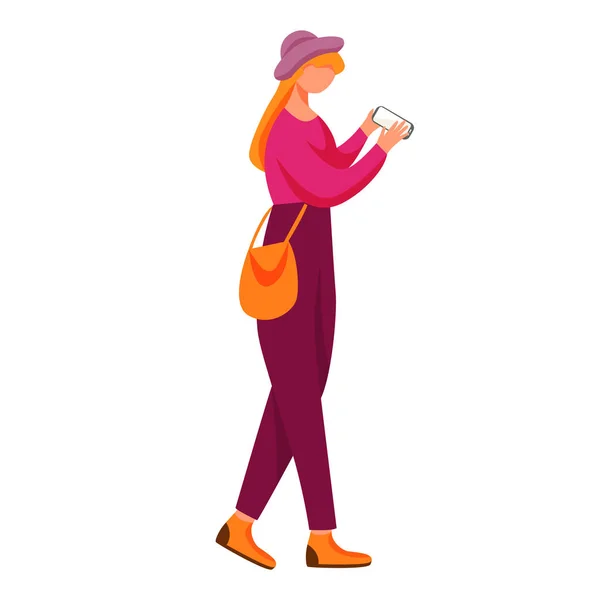 有智能手机平面矢量插图的年轻女人。 千年。 带着小玩意走路的青少年。 少女使用手机荧幕在白色背景上孤立的卡通人物 — 图库矢量图片