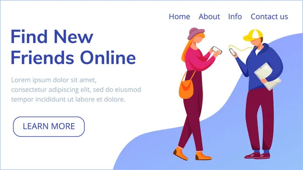 Encontre novos amigos modelo de vetor de landing page online. Blogue de mídia social, ideia de interface de site com ilustrações planas. Layout de página inicial de navegação na Internet. Web banner, conceito de desenho animado da página web — Vetor de Stock