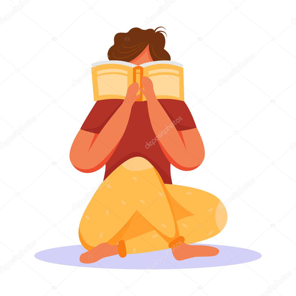 Young woman reading book flat vector illustration. Exam preparation. Student studying paperback. Brunette girl sitting on floor, learning publication isolated cartoon character on white background