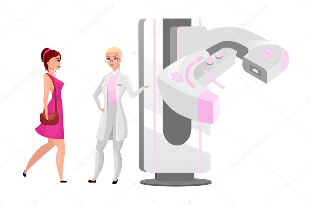 Diagnostic mammography flat vector illustration. Woman breast screening procedure. Physician with modern X ray machine. Radiography procedure. Female patient with mammologist cartoon characters