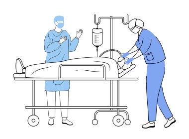 Cerrahi operasyon düz vektör çizimi. Anestezi uzmanı ve cerrahın sedyeli basit çizgi film karakterleri. Tıbbi prosedür, canlandırma. Cerrahi kavramı beyaz arkaplanda izole edildi