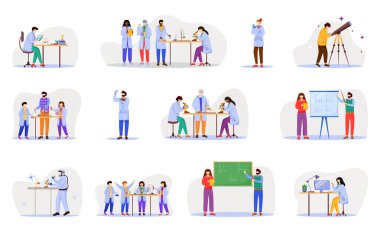 Pratik bilim düz vektör çizimi seti. Okulda kimya. Çocuklar için etkinlikler. Deney yapıyorum. Biyoloji, kimya, beyaz arka planda izole edilmiş çizgi film karakteri.