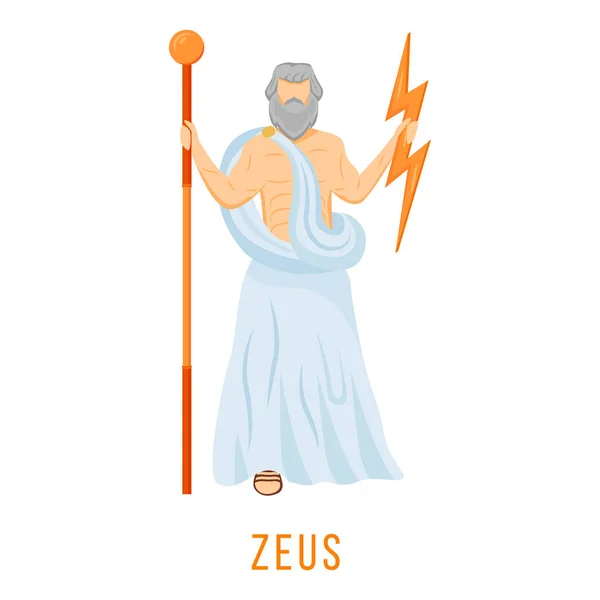 Zeus flat vector illustration. Ancient Greek deity. God of sky, thunder and lightning. King, ruler of Olympus. Mythology. Divine mythological figure. Isolated cartoon character on white background — Stock Vector