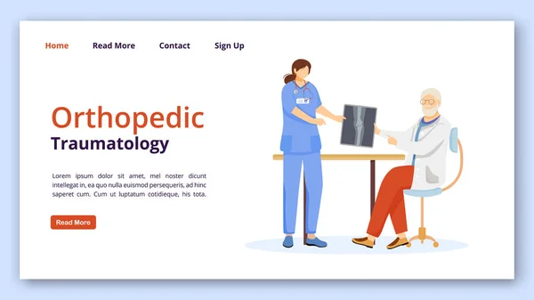 Orthopädie und Traumatologie Landing Page Vektor Template. Knochenbruch, Traumabehandlung Website Schnittstelle Idee mit flachen Illustrationen. Das Layout der Klinik-Homepage. Web-Banner, Webseite Cartoon-Konzept — Stockvektor