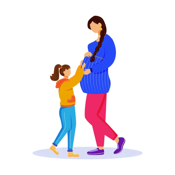 Беременная женщина и маленькая девочка плоские векторные иллюстрации. Подготовка к родам. Счастливая семья ждет ребенка. Леди показывает животик дочери изолированных персонажей мультфильма на белом фоне — стоковый вектор