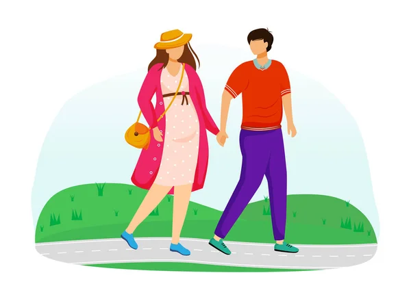 妊娠中の女性と夫が公園フラットベクトルイラストで歩く。若い家庭は父母のために準備します。ベビーカーカップル待っていますの赤ちゃん孤立した漫画のキャラクター上の白い背景 — ストックベクタ