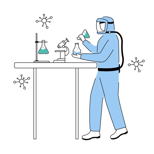 Wissenschaftler im Schutzanzug flache Konturenvektorabbildung. Durchführung eines gefährlichen Experiments einfache Zeichnung. Mann arbeitet mit Chemikalien isoliert Zeichentrickfigur auf weißem Hintergrund — Stockvektor