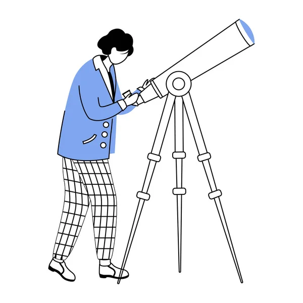 Illustration vectorielle de contour plat de l'astronome. Observer les étoiles, le ciel. Scientifique découvrant l'espace dessin simple. Homme avec télescope isolé personnage dessin animé contour sur fond blanc — Image vectorielle