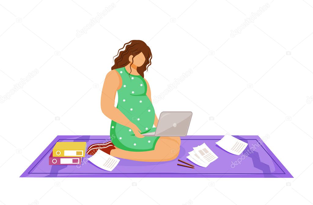 Pregnant freelancer woman with laptop doing her work flat vector illustration. Distant worker. Young girl making worktask sitting on floor cartoon character on white background