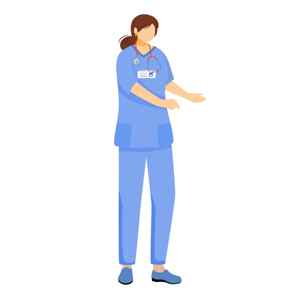 의사는 평평 한 벡터를 사용 한다. 의무실파란 유니폼을 입은 여성. 간호사, 치료사, 전문가 만화 캐릭터. 의무실, 청진기를 가지고 있는 일반 개업의 사는 흰 배경에 고립되어 있다 — 스톡 벡터