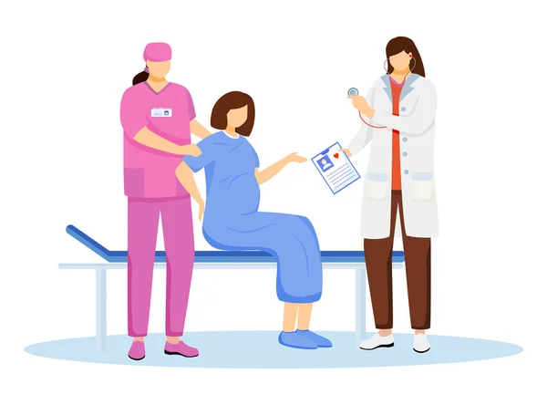 Τοκετός στο νοσοκομείο επίπεδη διανυσματική απεικόνιση. Αναπαραγωγική ιατρική. Έγκυος γυναίκα με συσπάσεις και τοκετό. Μαιευτική και γυναικολογία. Μαιευτήρας, νοσοκόμος με χαρακτήρες καρτούν ασθενή — Διανυσματικό Αρχείο