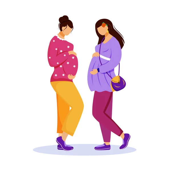 Deux femmes enceintes illustration vectorielle plat. L'amitié féminine. J'attends les bébés. Ami filles caressant leur ventre à la rencontre de personnages de dessins animés isolés sur fond blanc — Image vectorielle