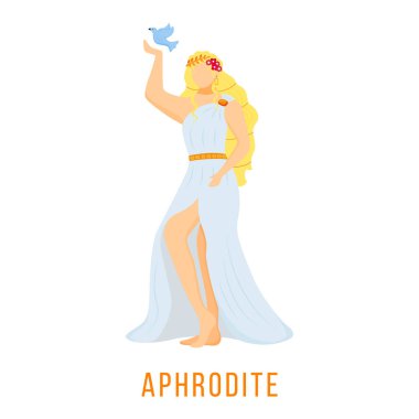 Afrodit düz vektör çizimi. Antik Yunan tanrısı. Aşk, güzellik ve sonsuz gençlik tanrıçası. Mitoloji. İlahi mitolojik figür. Beyaz arkaplanda izole edilmiş çizgi film karakteri