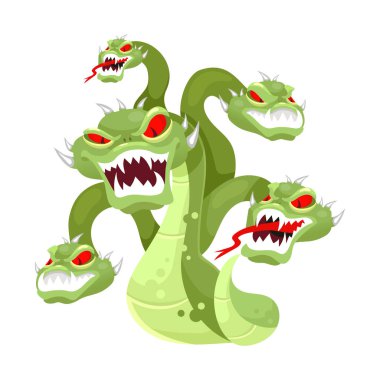 Hydra düz vektör çizimi. Mitolojik yaratık. Çoklu kafa canavarı. Yılan, çok başlı zehirli yılan. Yunan mitolojisi. Fantastik canavar beyaz arkaplanda karikatür karakterini izole etti.