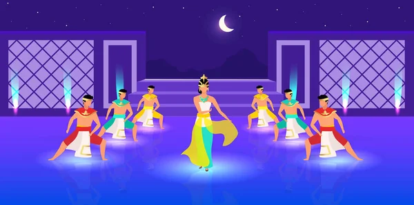 Ilustrasi vektor datar tarian Indonesia. Perayaan tradisional. Perayaan Asia. Pria dan wanita berpakaian tradisional karakter kartun pada malam hari - Stok Vektor