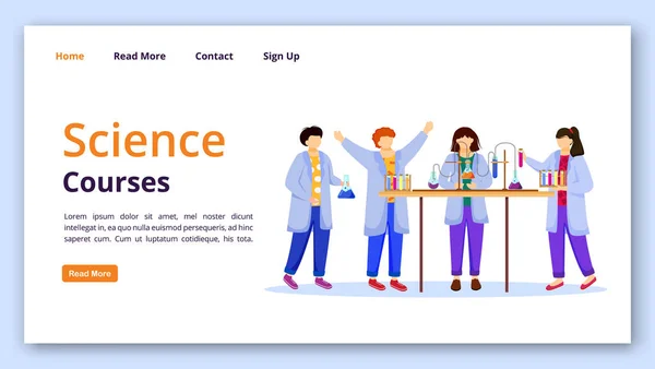 Science courses landing page vector template. Chemistry experiments for kids website interface idea with flat illustrations. Practical lessons omepage layout, web banner, webpage cartoon concept — Stock Vector