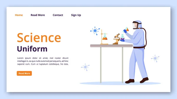 Science uniform landing page vector template. Protection suit for laboratory website interface idea with flat illustrations. Chemist equipment homepage layout, web banner, webpage cartoon concept — Stock Vector