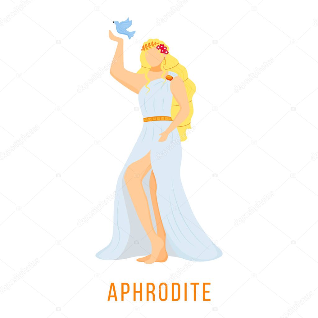 Aphrodite flat vector illustration. Ancient Greek deity. Goddess of love, beauty and eternal youth. Mythology. Divine mythological figure. Isolated cartoon character on white background