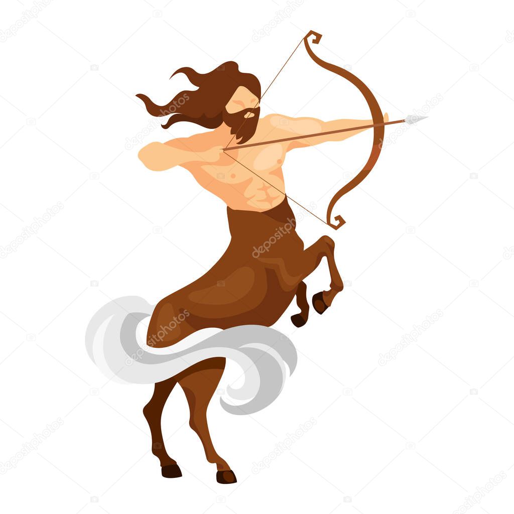 Centaurus flat vector illustration. Half-man, half-horse archer. Greek mythology. Fantastical warrior. Mythological creature attack. Sagittarius isolated cartoon character on white background