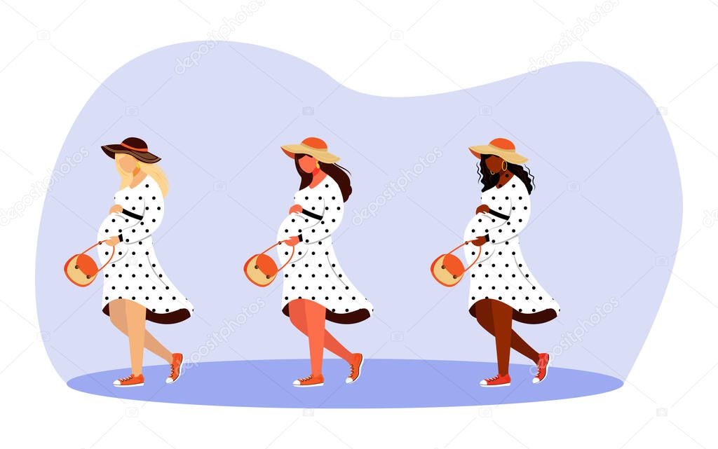 Walking pregnant girls flat vector illustrations set. Happy gestation time. Full length stylish women strolling and dreaming isolated cartoon characters on white background