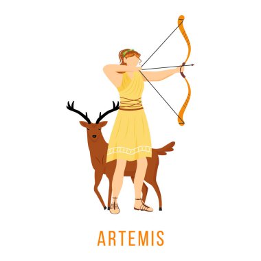 Artemis düz vektör çizimi. Antik Yunan tanrısı. Ay Tanrıçası, av ve okçuluk. Mitoloji. İlahi mitolojik figür. Beyaz arkaplanda izole edilmiş çizgi film karakteri