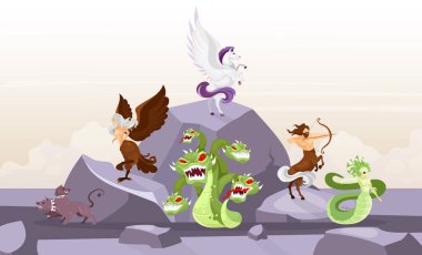 Mitolojik yaratıklar düz vektör çizimi. Hydra ve Cerberus. Pegasus ve Harpy. Centaurus ve mediuse gorgone. Dağdaki peri canavarları. Yunan mitolojisi. Fantastik çizgi film karakterleri
