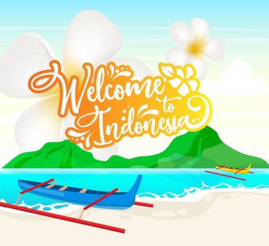 Endonezya sosyal medya mankenliğine hoş geldiniz. Gölde tekneler. Su manzarası. Web afişi tasarım şablonu tanıtılıyor. Sosyal medya destekçisi, içerik düzeni. Terfi posteri, baskı reklamları, düz çizimler.
