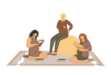 Hamile ve genç anneler için düz vektör çizimi kursları. Hamilelik ve annelik. Hamilelik döneminde kız arkadaşlar ve beyaz arka planda yeni doğmuş karikatür karakterleri olan bir bayan.