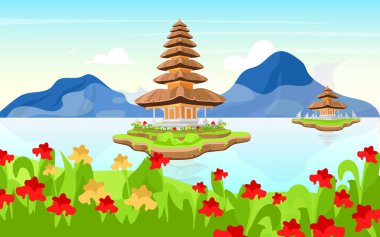 Pura Ulun Danu Bratan düz vektör çizimi. Bali 'deki Hindu Şayit su tapınağı. Endonezya geleneksel mimarisi. Tapınak kompleksi Gündüzleri karikatür arka planında dini binalar
