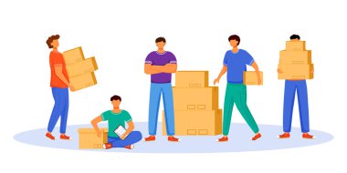 Postane çalışanları ve yükleyiciler düz renk vektör çizimi. Erkekler paketleri dağıtır. Servis teslimatı. Kutular ve paketler taşımacılık beyaz arka planda izole çizgi film karakteri