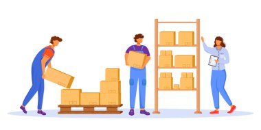 Postane çalışanları ve yükleyiciler düz renk vektör çizimi. Adam paketleri dağıtıyor. Servis teslimatı. Kutular ve paketler taşımacılık beyaz arka planda izole çizgi film karakteri