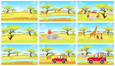 Afrika ekspedisyonu düz vektör çizimi. Safari keşfi. Savannah 'da koruma. Zürafalar ve filler. Arabadaki turist. Aslan ve kaya. Manzarayı gözlemle. İnsanlar ve hayvan çizgi film karakterleri